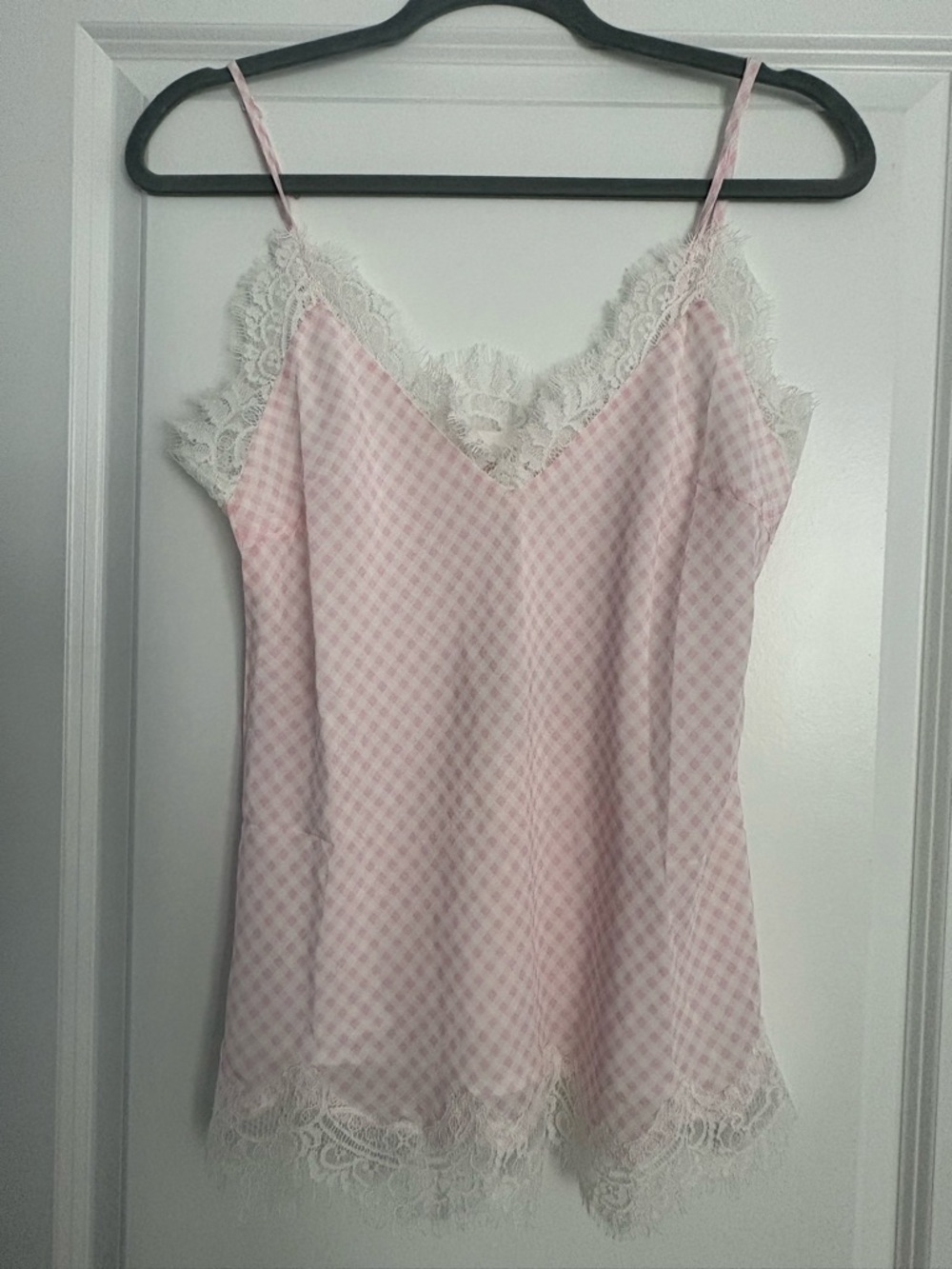 Pink Gingham Lace-Trim Satin Chemise